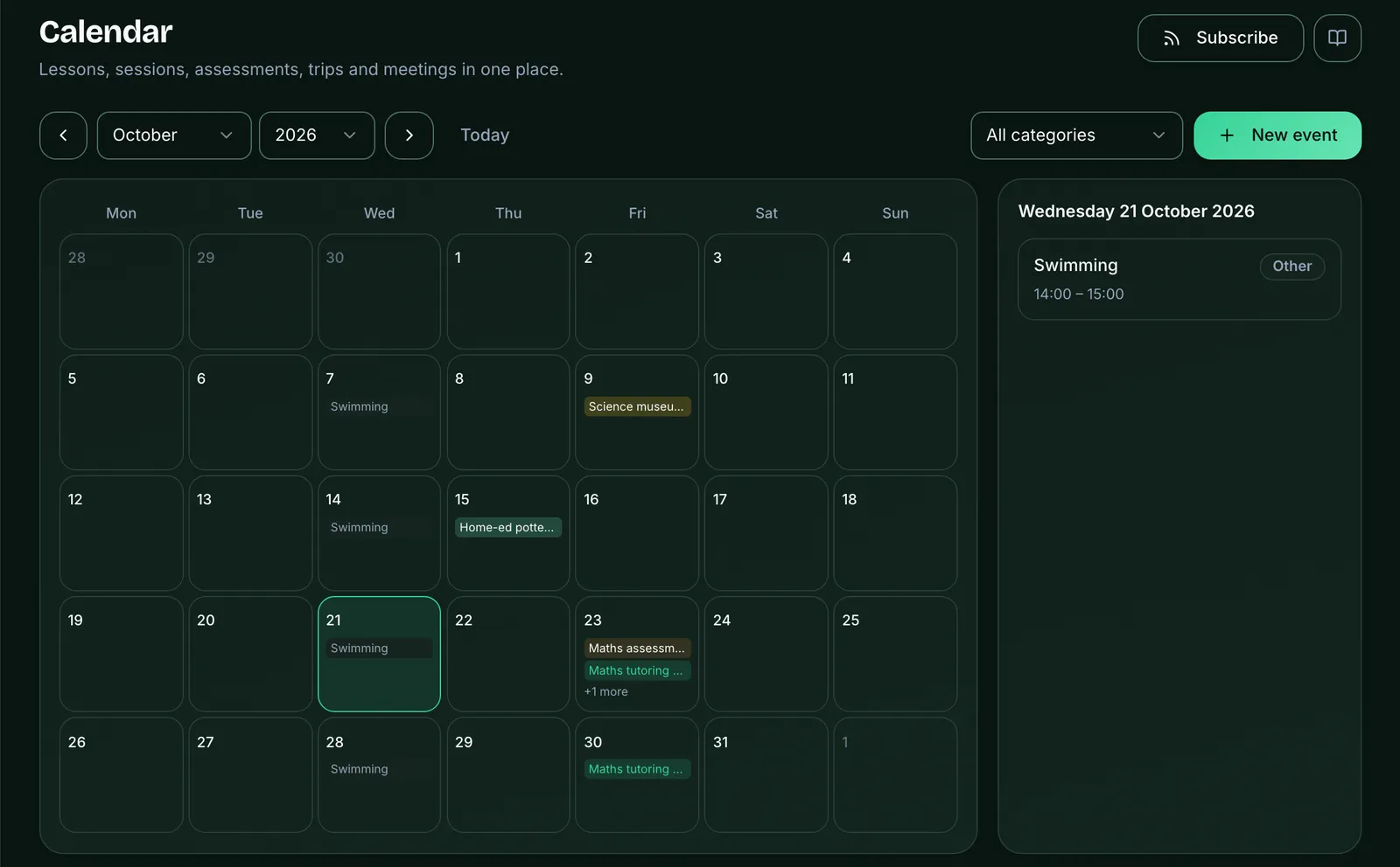 The Calendar's month view for October 2026. Above it, arrows either side of the month and year boxes, Today, an All categories filter and New event, with Subscribe at the top right. The month grid shows a weekly Swimming event every Wednesday, a Science museum trip on the 9th, a pottery workshop on the 15th, and maths tutoring on Fridays. Today, the 21st, is highlighted, and the panel on the right lists what's on that day: Swimming, 14:00 to 15:00.