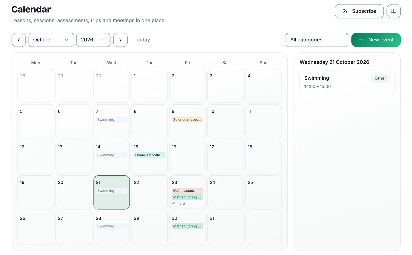 The Calendar's month view for October 2026. Above it, arrows either side of the month and year boxes, Today, an All categories filter and New event, with Subscribe at the top right. The month grid shows a weekly Swimming event every Wednesday, a Science museum trip on the 9th, a pottery workshop on the 15th, and maths tutoring on Fridays. Today, the 21st, is highlighted, and the panel on the right lists what's on that day: Swimming, 14:00 to 15:00.