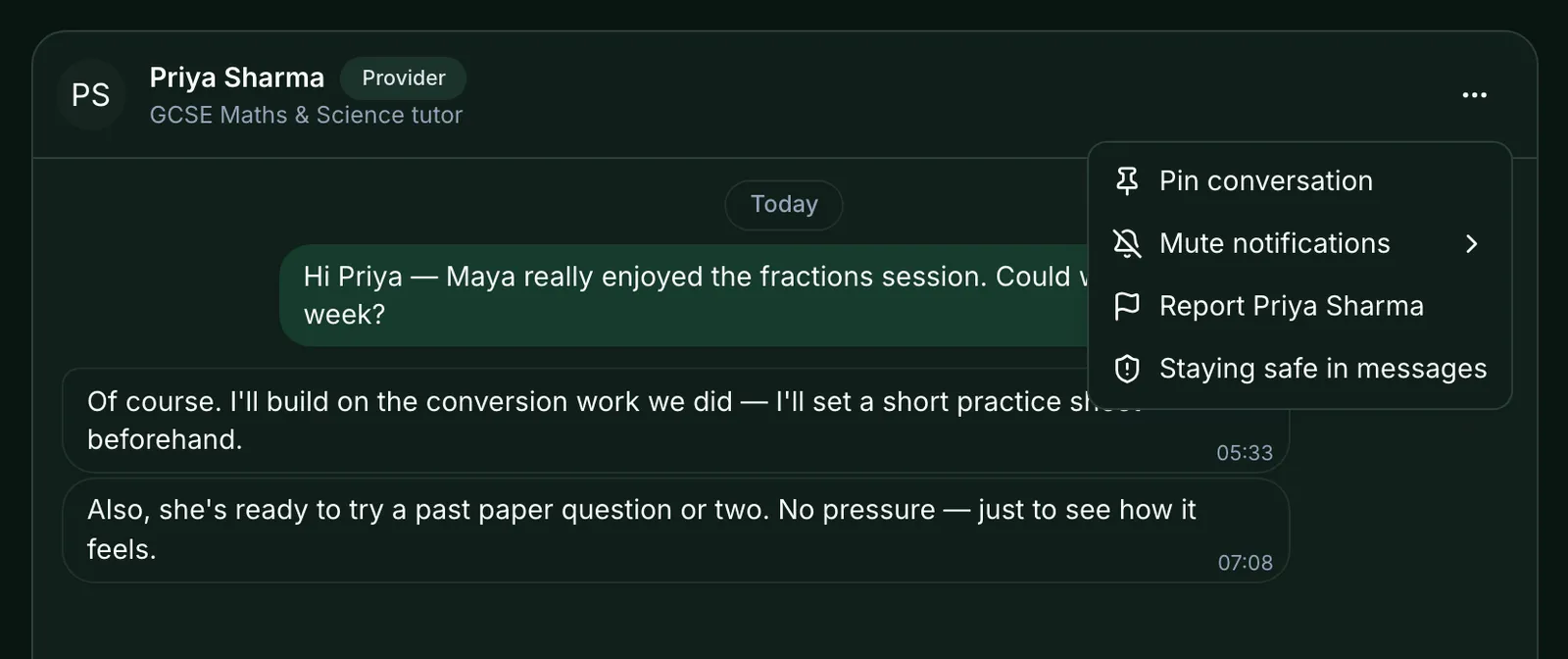 A conversation with Priya Sharma with the … (Conversation options) menu open at the top right. The menu lists Pin conversation, Mute notifications, Report Priya Sharma and Staying safe in messages.