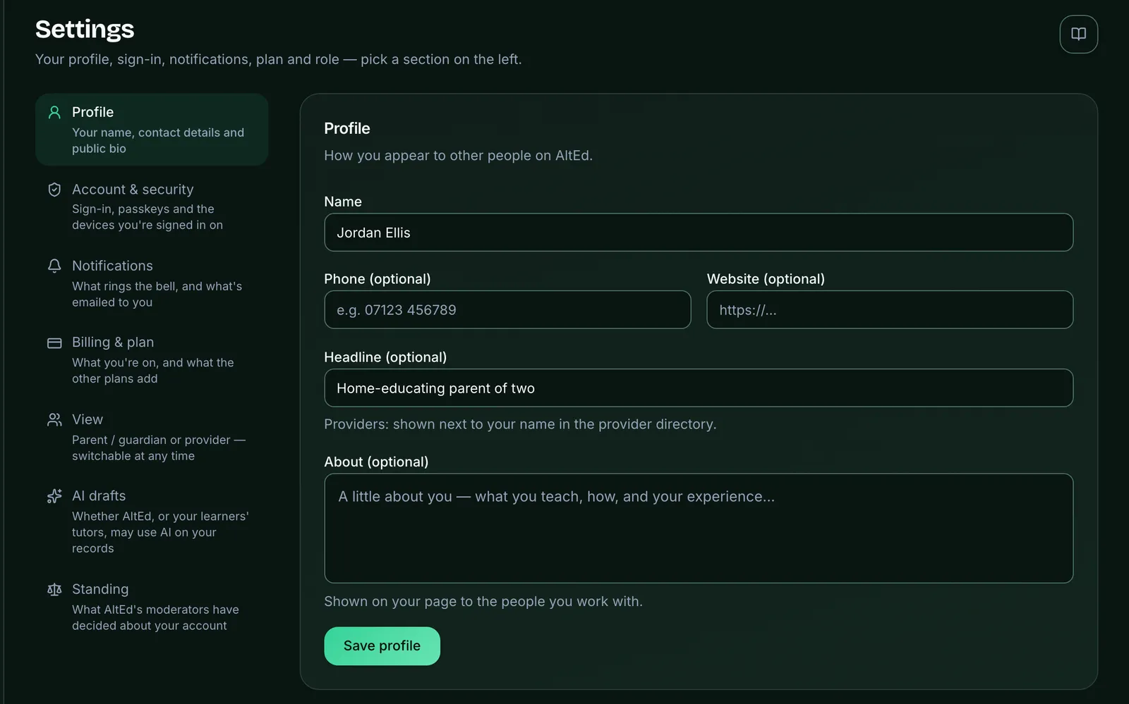 The Settings page. Down the left, its sections, each with a line on what it holds: Profile (selected), Account & security, Notifications, Billing & plan, View, AI drafts and Standing. On the right, the Profile card: Name, Phone, Website, Headline (shown next to your name in the provider directory) and About, with Save profile.