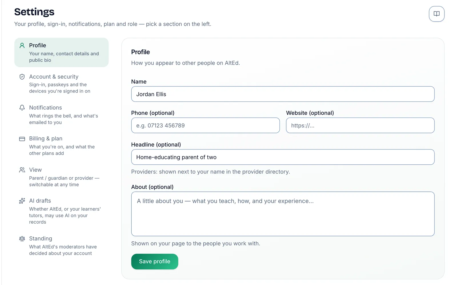The Settings page. Down the left, its sections, each with a line on what it holds: Profile (selected), Account & security, Notifications, Billing & plan, View, AI drafts and Standing. On the right, the Profile card: Name, Phone, Website, Headline (shown next to your name in the provider directory) and About, with Save profile.